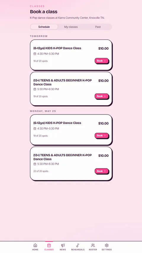 Knox Kpop App class booking screen