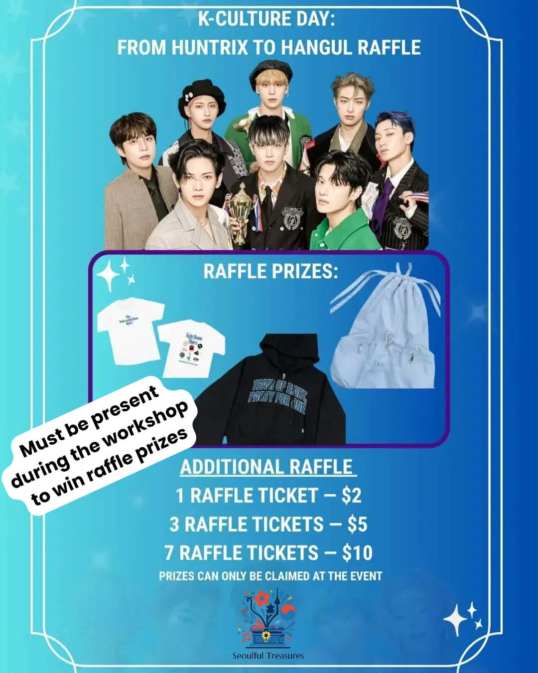 K-Culture Day raffle prizes from Seoulful Treasures: two ATEEZ t-shirts, a black ATEEZ hoodie and a light blue drawstring bag. Additional raffle tickets are $2 for one, $5 for three and $10 for seven.