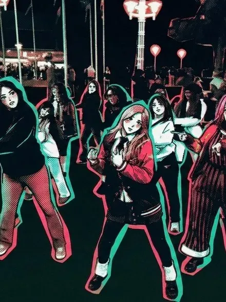 Random Play Dance — dancers in neon-outlined pop-art style performing K-Pop choreography